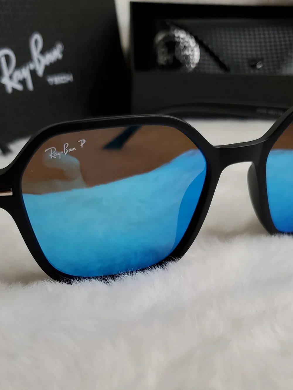 Ray-Ban Black Frame Sunglasses with Blue Mirrored Lenses - Hexagonal Style